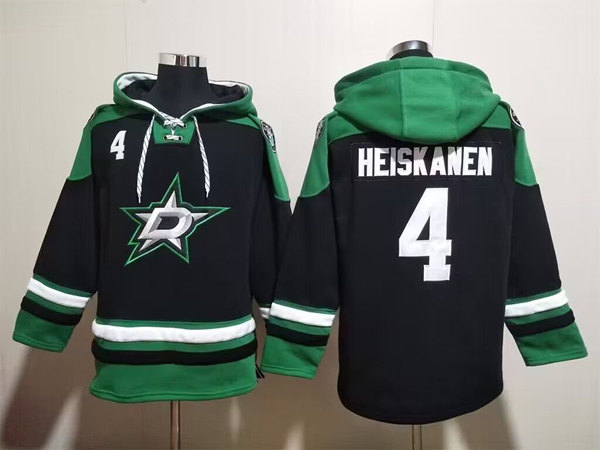 Men's Dallas Stars #4 Miro Heiskanen Black Green Lace-Up Pullover Hoodie - Click Image to Close